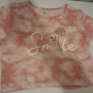 Smile Tie-Dye Crop Top - Pink & White Rose Graphic - Size L